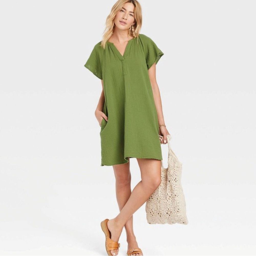 Universal Thread green muslin gauze cotton v neck oversized boho dress XS